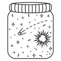 Solar system in a glass jar.Black and white doodle stars,satellite and su